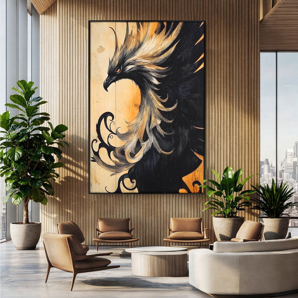Tablou canvas cu tablou canvas cu pasare mitologica phoenix, in rama de aluminiu negru, pe perete intr-un birou